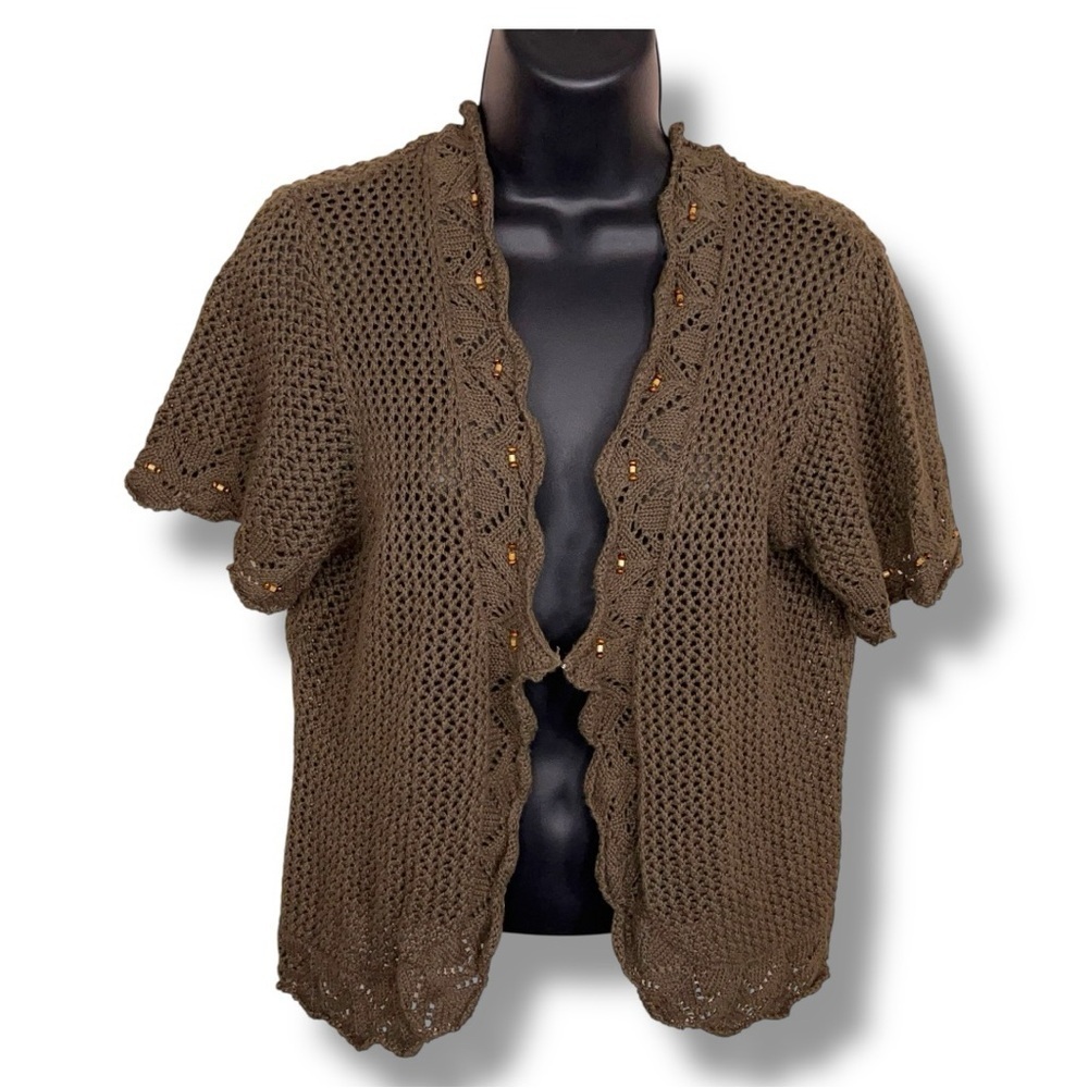 Vintage 90s Era Sag Harbor Olive Green Crochet Shrug Beaded Accent Boho Bohemian